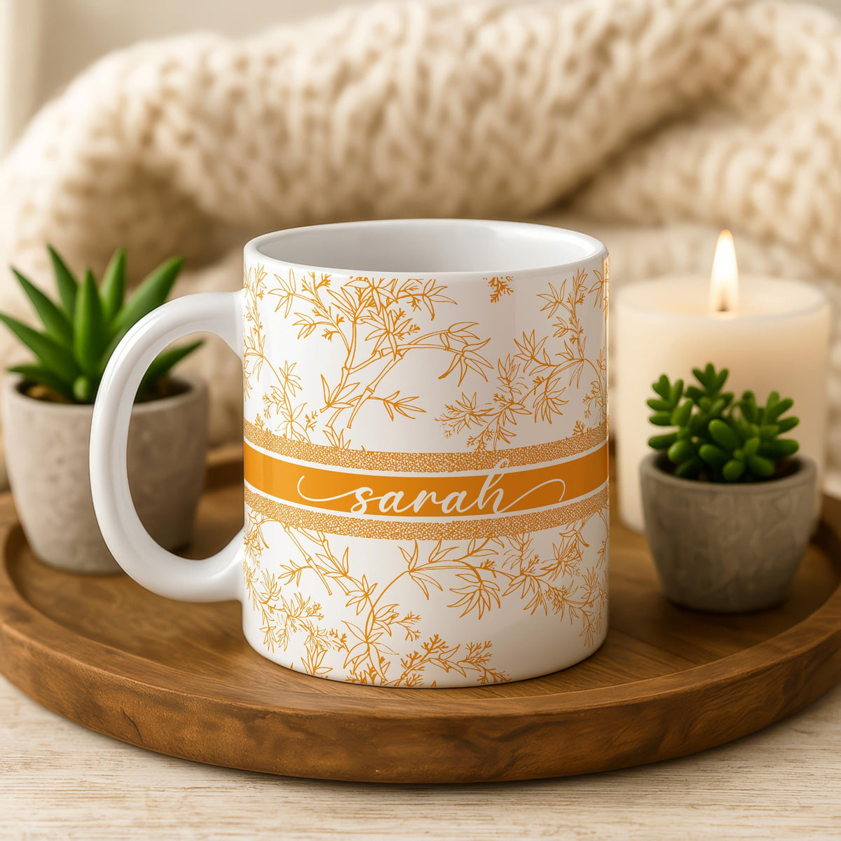 Personalized Floral Ceramic Mug, Custom Name Botanical Tea Cup, Elegant Coffee Lover Gift
