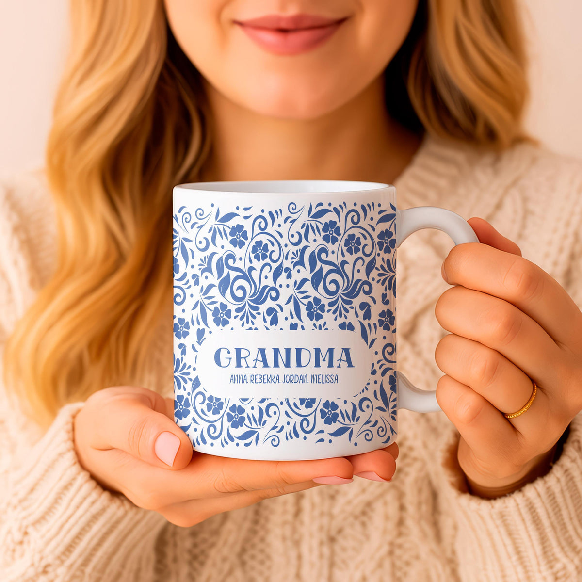 Personalized Grandma Floral Ceramic Mug, Custom Grandchildren Names Coffee Cup