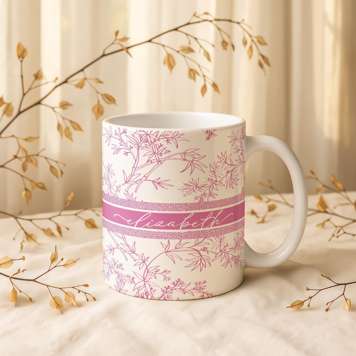 Personalized Floral Ceramic Mug, Custom Name Botanical Tea Cup, Elegant Coffee Lover Gift