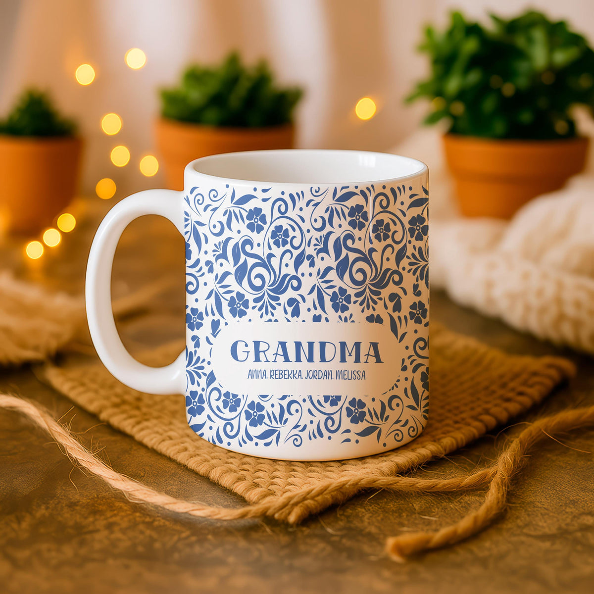 Personalized Grandma Floral Ceramic Mug, Custom Grandchildren Names Coffee Cup
