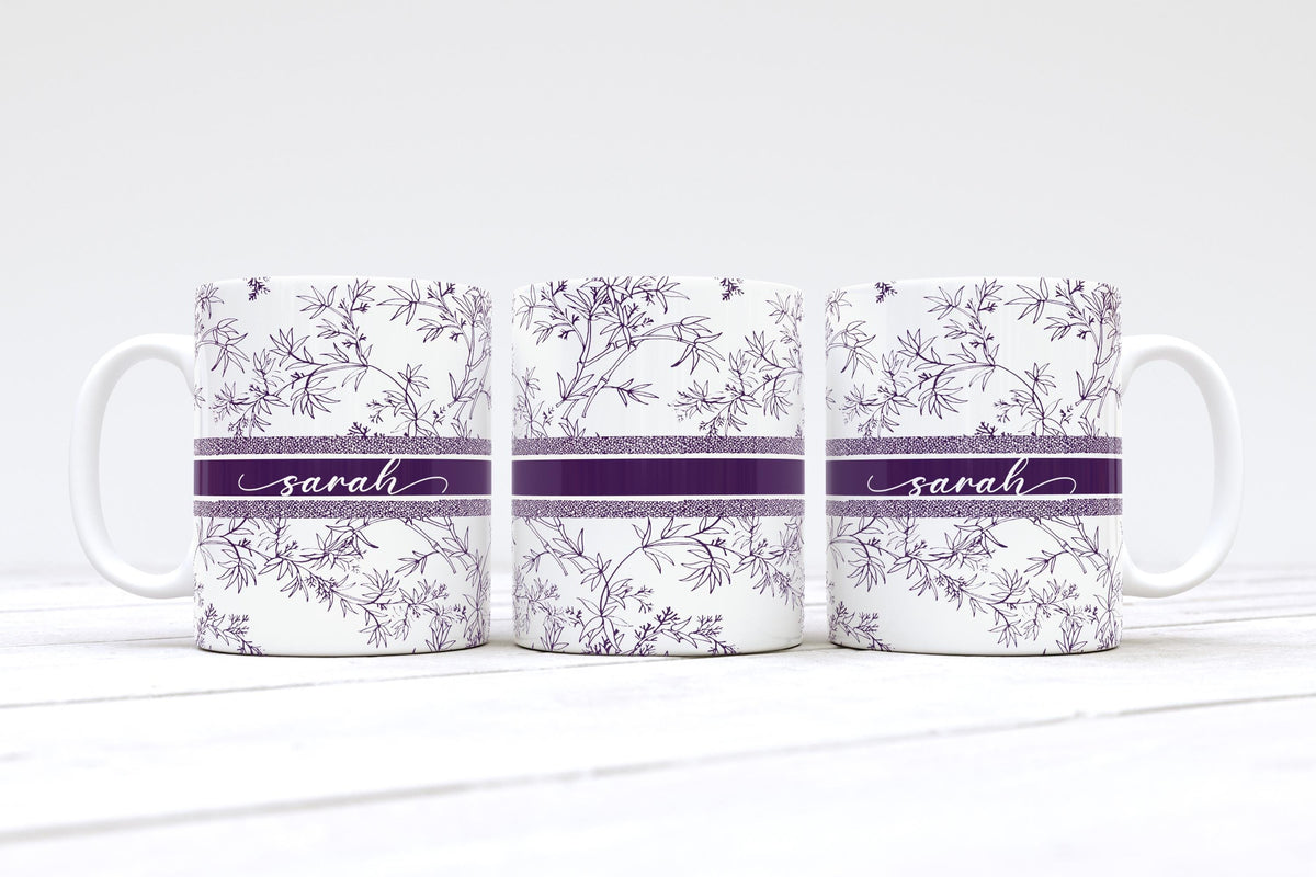 Personalized Floral Ceramic Mug, Custom Name Botanical Tea Cup, Elegant Coffee Lover Gift