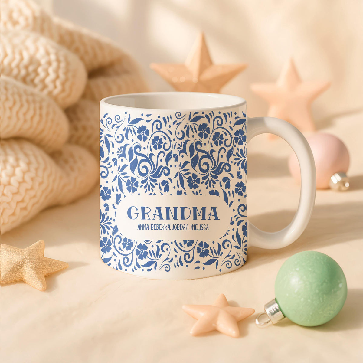 Personalized Grandma Floral Ceramic Mug, Custom Grandchildren Names Coffee Cup