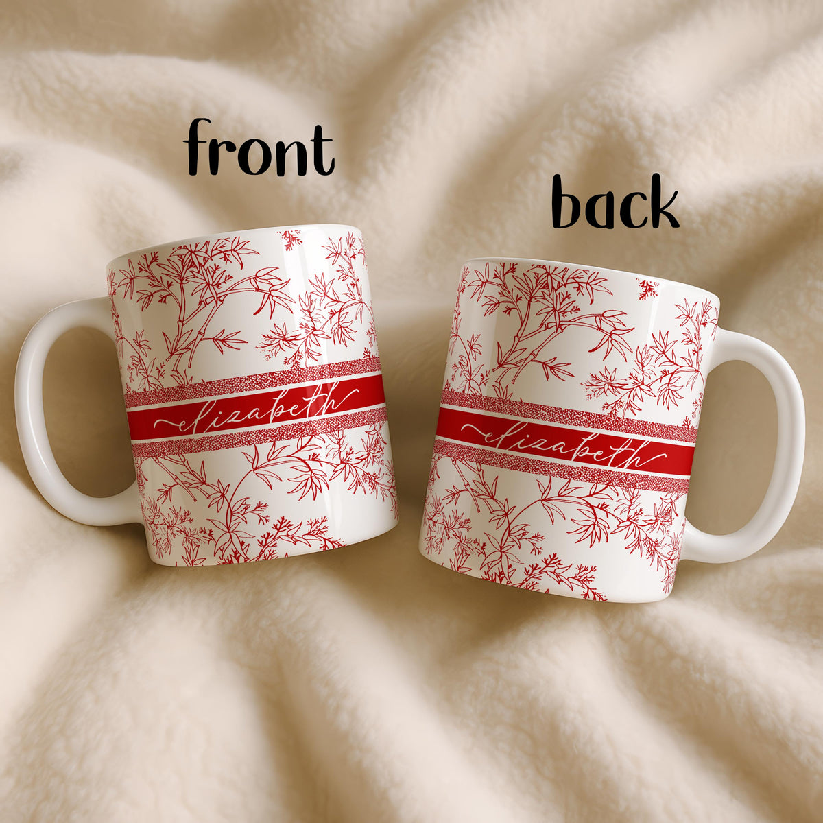 Personalized Floral Ceramic Mug, Custom Name Botanical Tea Cup, Elegant Coffee Lover Gift