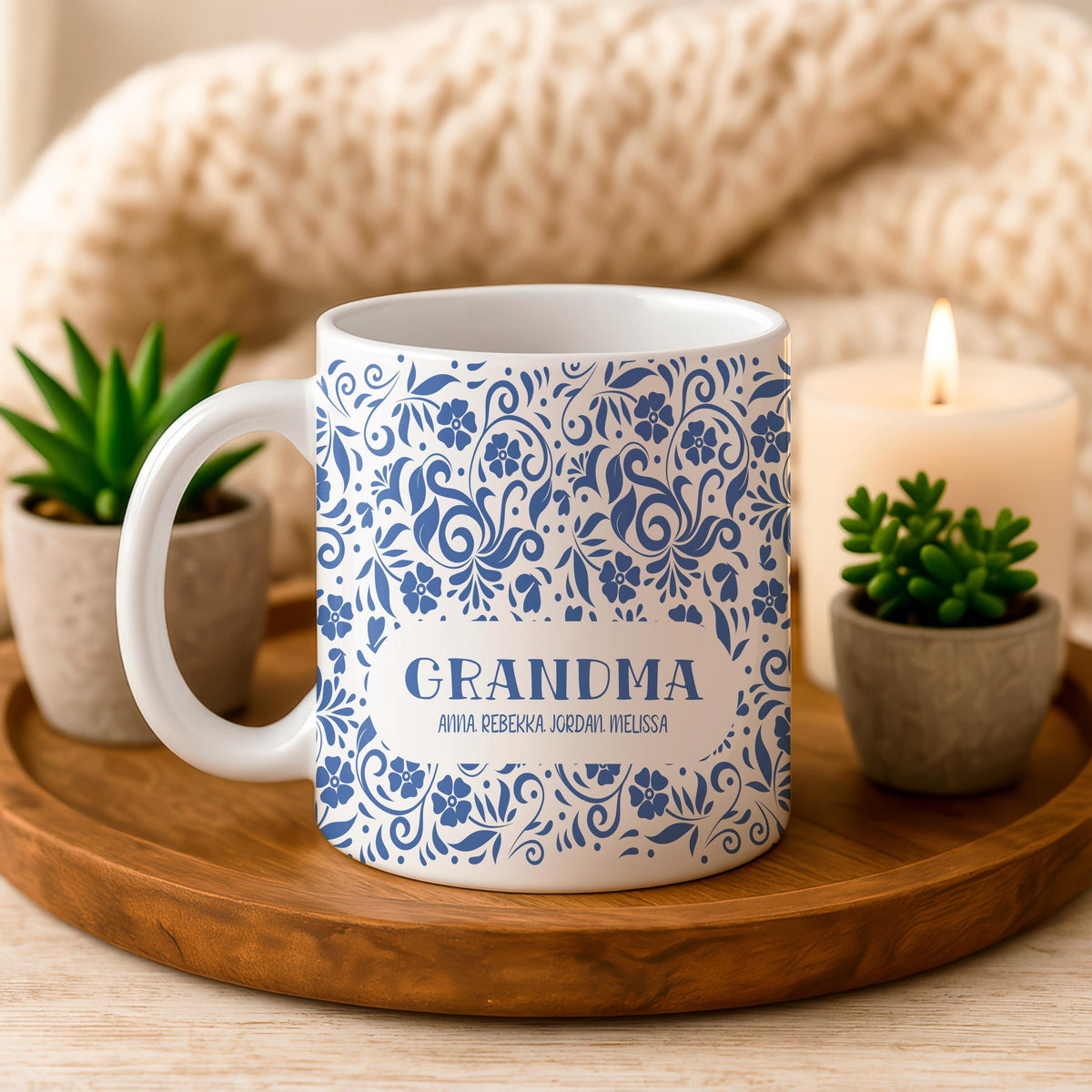 Personalized Grandma Floral Ceramic Mug, Custom Grandchildren Names Coffee Cup