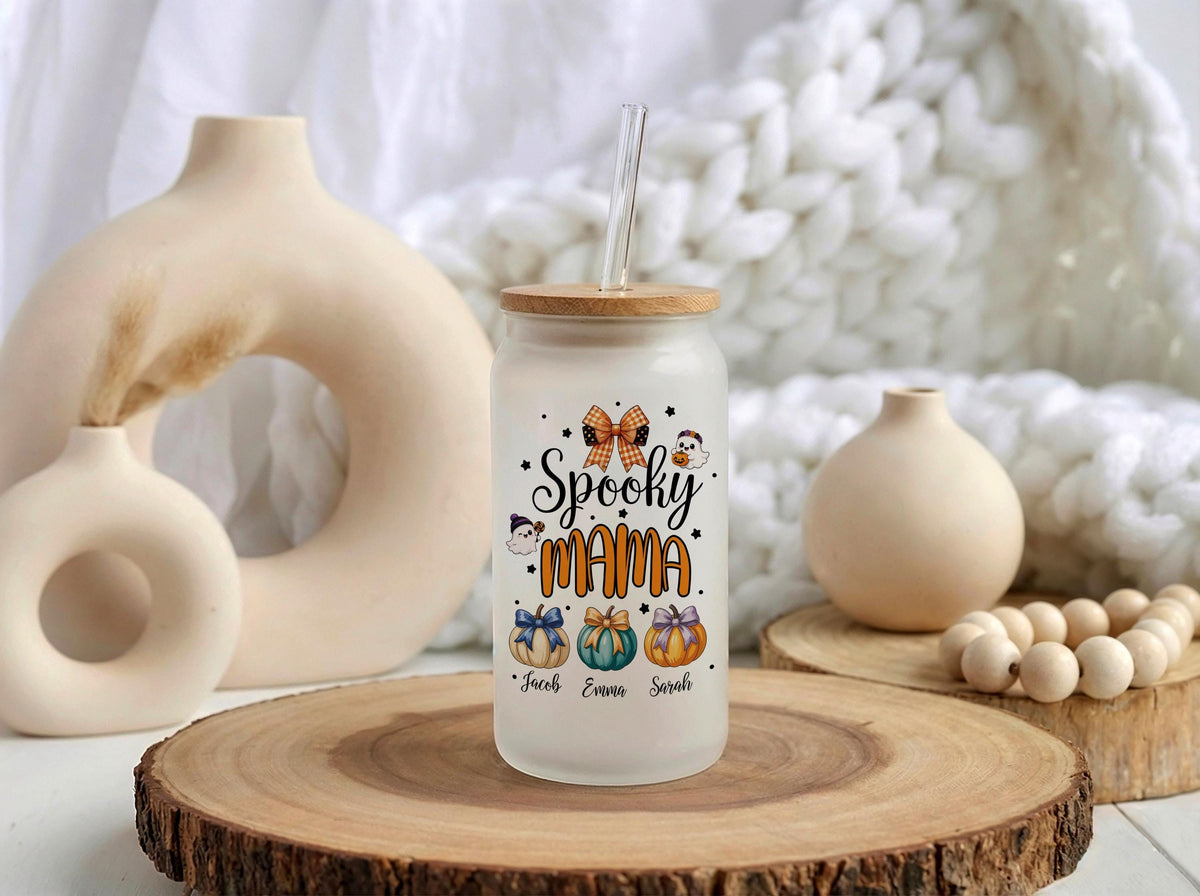 Personalized Spooky Mama Glass Tumbler, Custom Kids Names Halloween Iced Coffee Cup