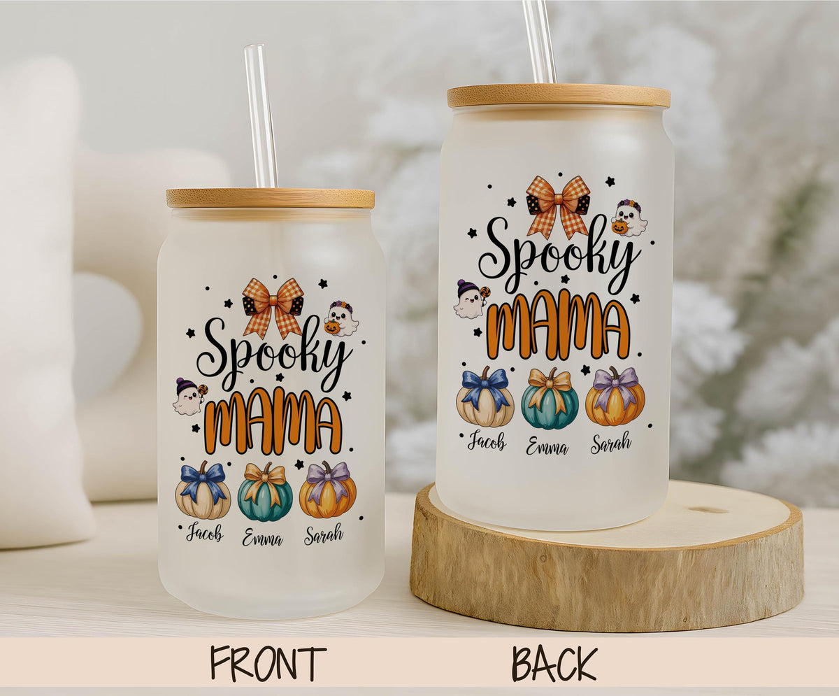 Personalized Spooky Mama Glass Tumbler, Custom Kids Names Halloween Iced Coffee Cup