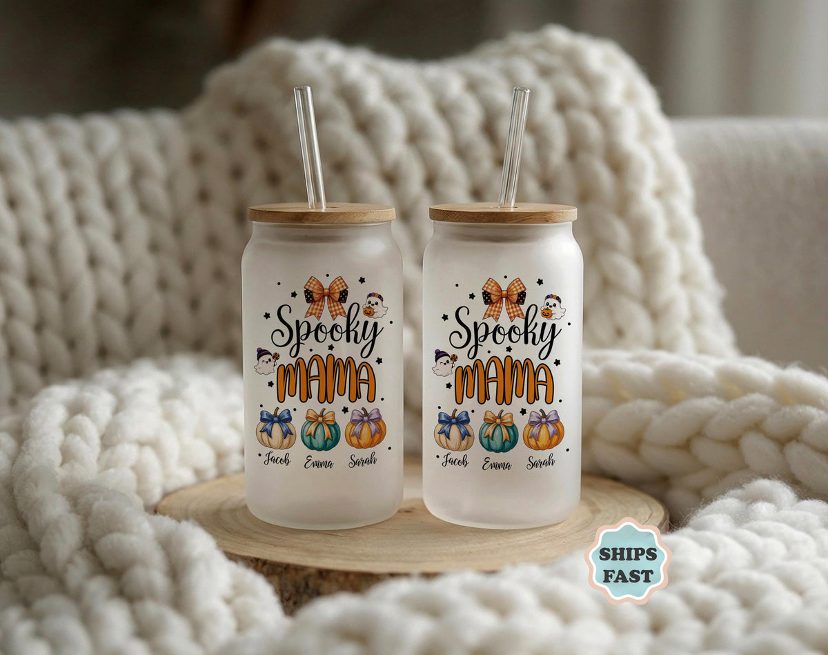 Personalized Spooky Mama Glass Tumbler, Custom Kids Names Halloween Iced Coffee Cup