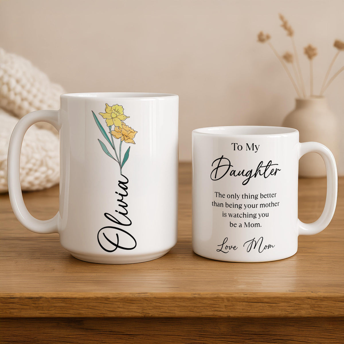 Personalized Daughter Birth Flower Mug, Custom Name Floral Coffee Cup