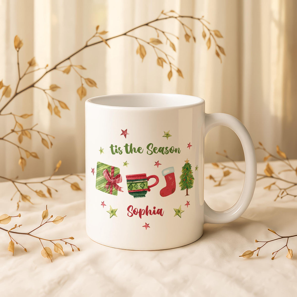 Custom Ceramic Christmas Mug, Personalized Holiday Tea Cup, Hot Chocolate Lover Gift