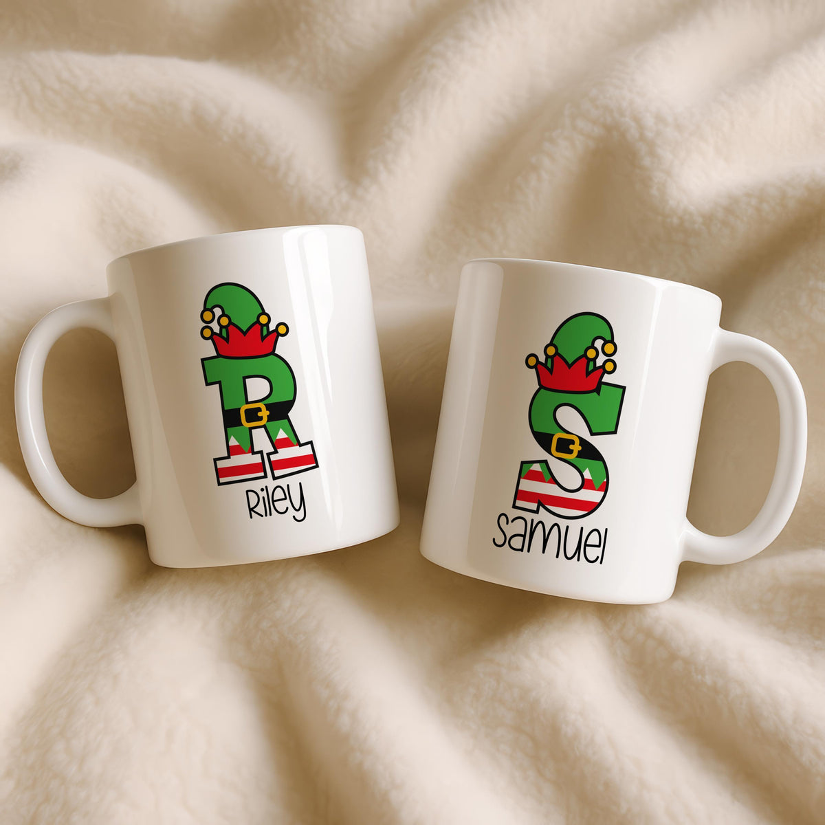 Personalized Elf Initial Christmas Mug, Custom Name Ceramic Coffee Cup