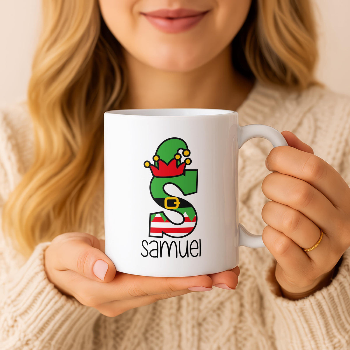 Personalized Elf Initial Christmas Mug, Custom Name Ceramic Coffee Cup