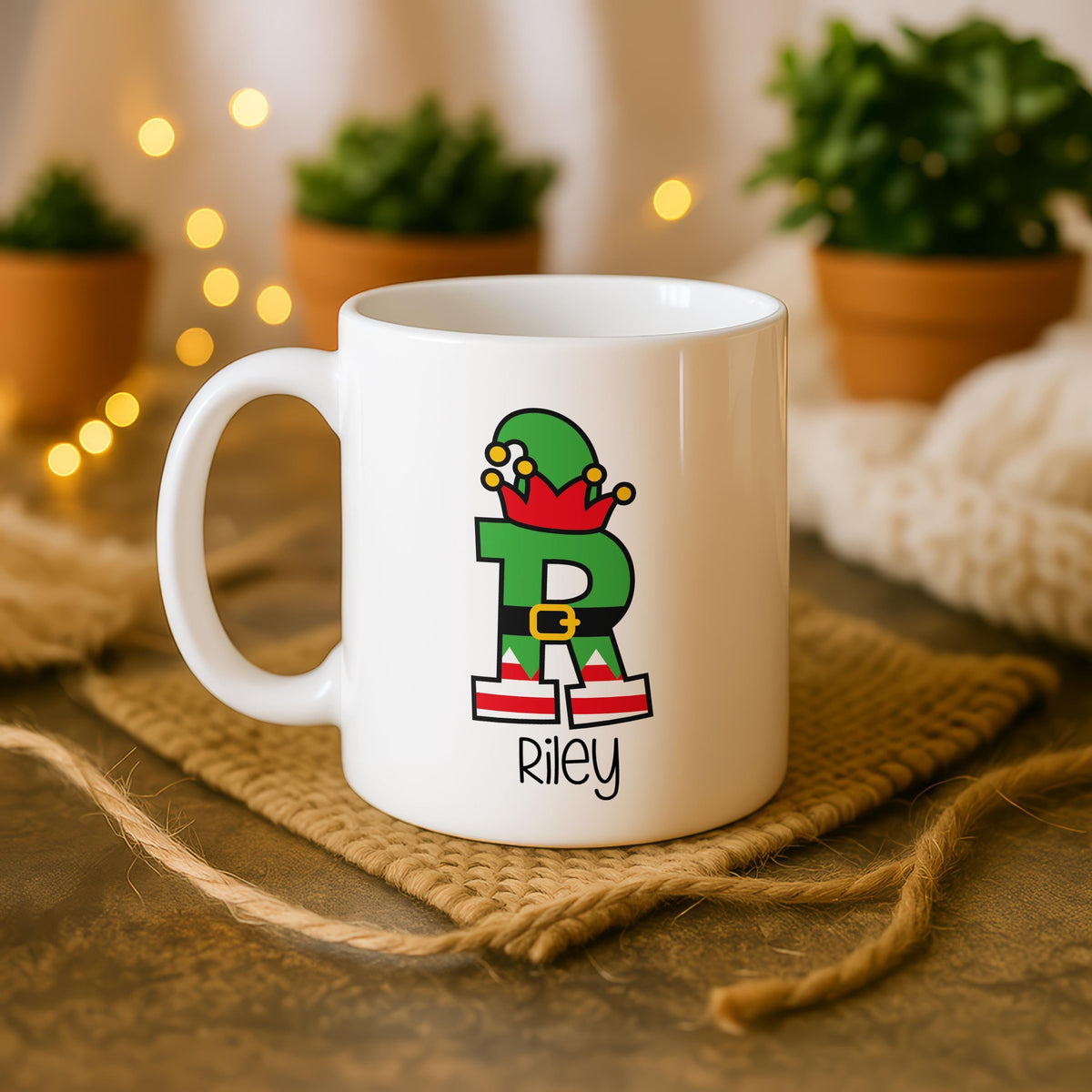 Personalized Elf Initial Christmas Mug, Custom Name Ceramic Coffee Cup