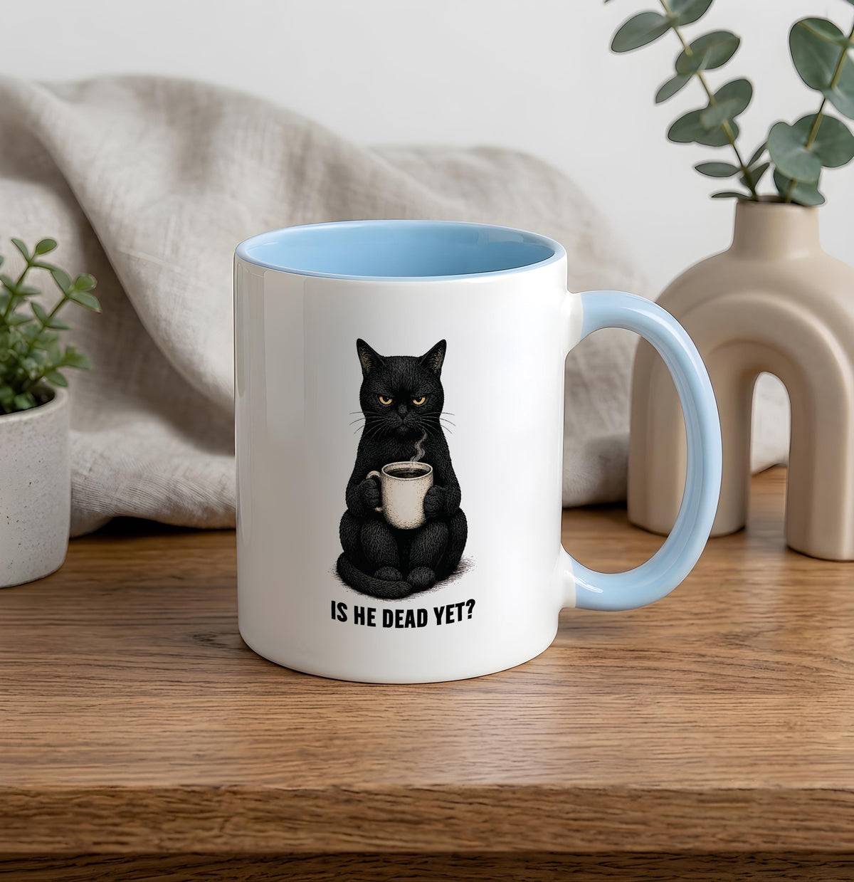 Sarcastic Black Cat Coffee Mug, Dark Humor Gag Gift, Custom Name Option