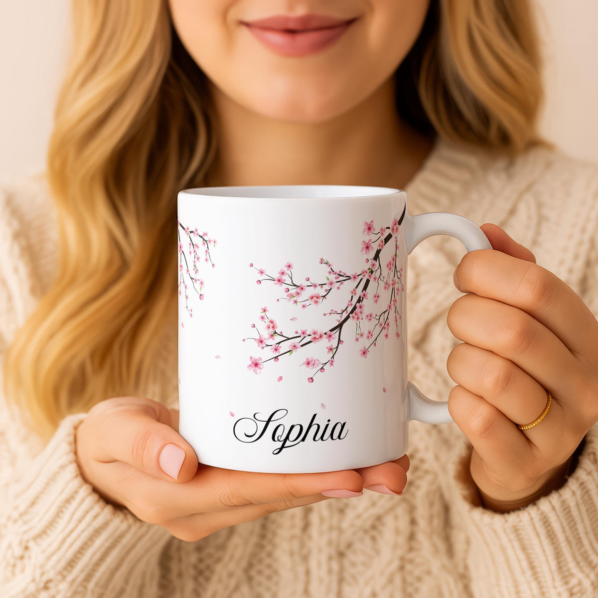 Custom Cherry Blossom Ceramic Mug, Sakura Floral Tea Cup, Personalized Pottery Coffee Mug