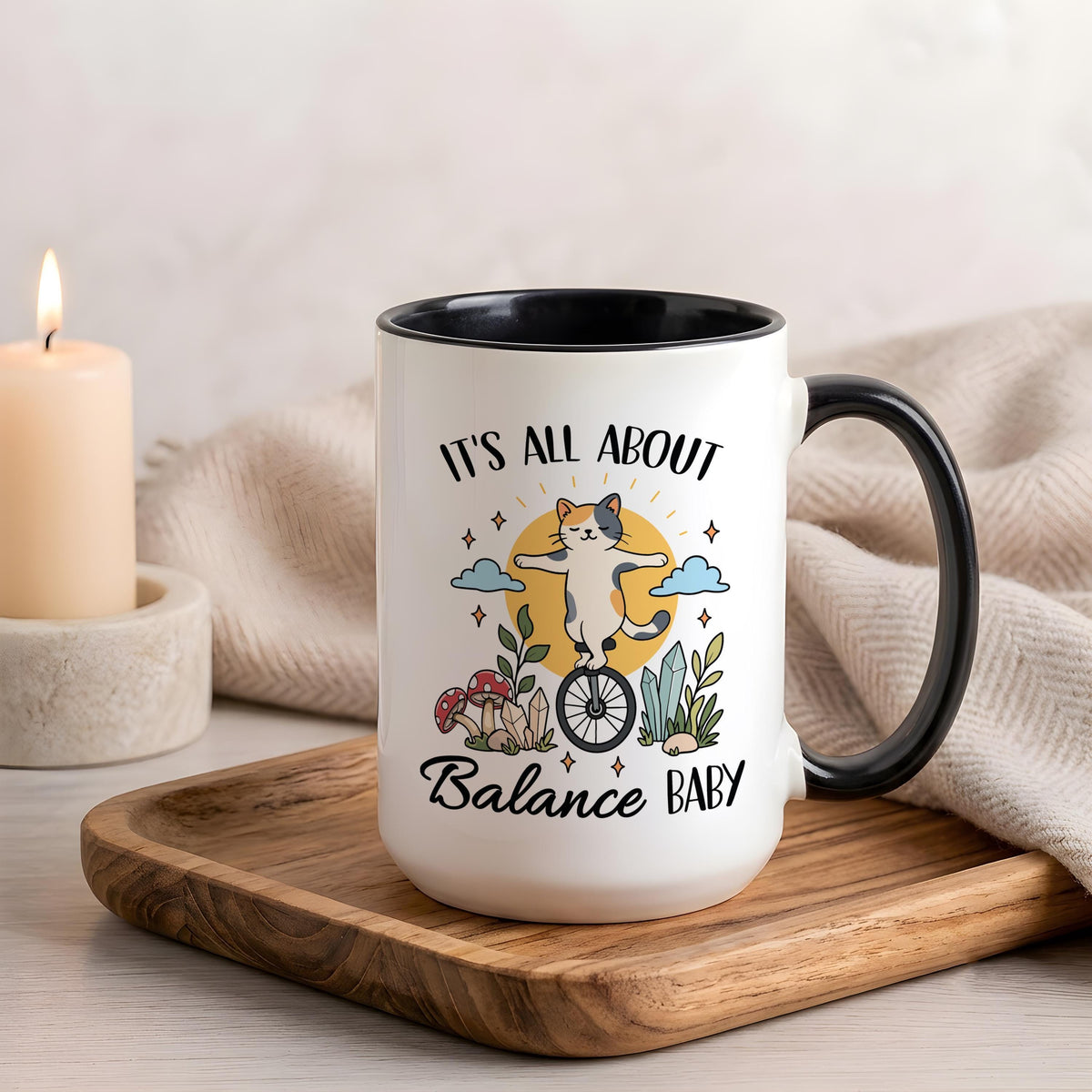 Whimsical Cat Balance Baby Mug, Funny Yoga Lover Coffee Cup, Motivational Mom Gift