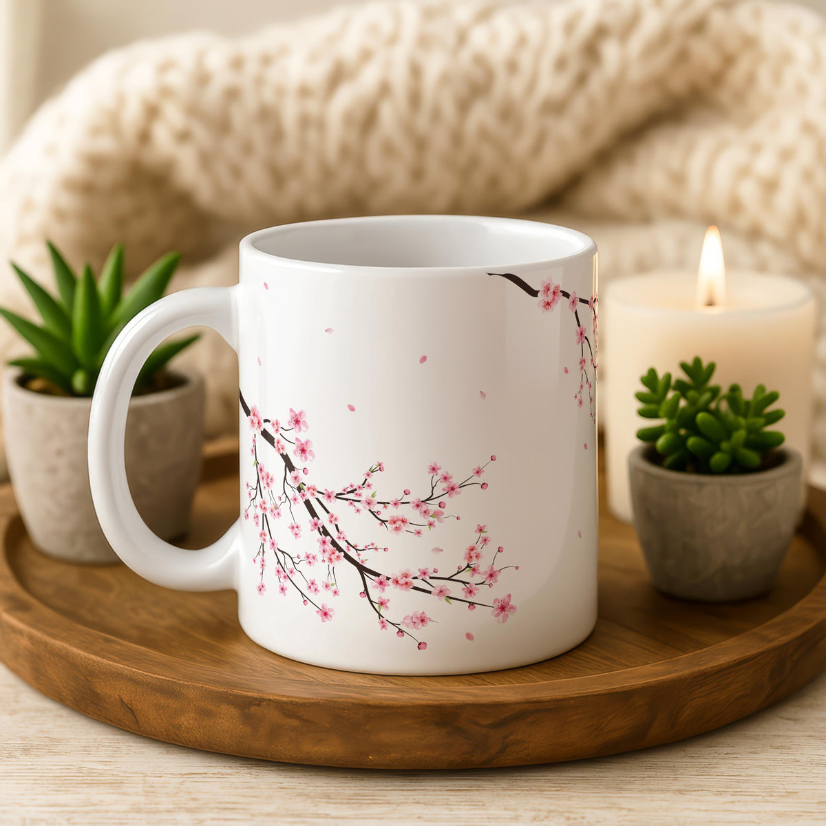 Custom Cherry Blossom Ceramic Mug, Sakura Floral Tea Cup, Personalized Pottery Coffee Mug