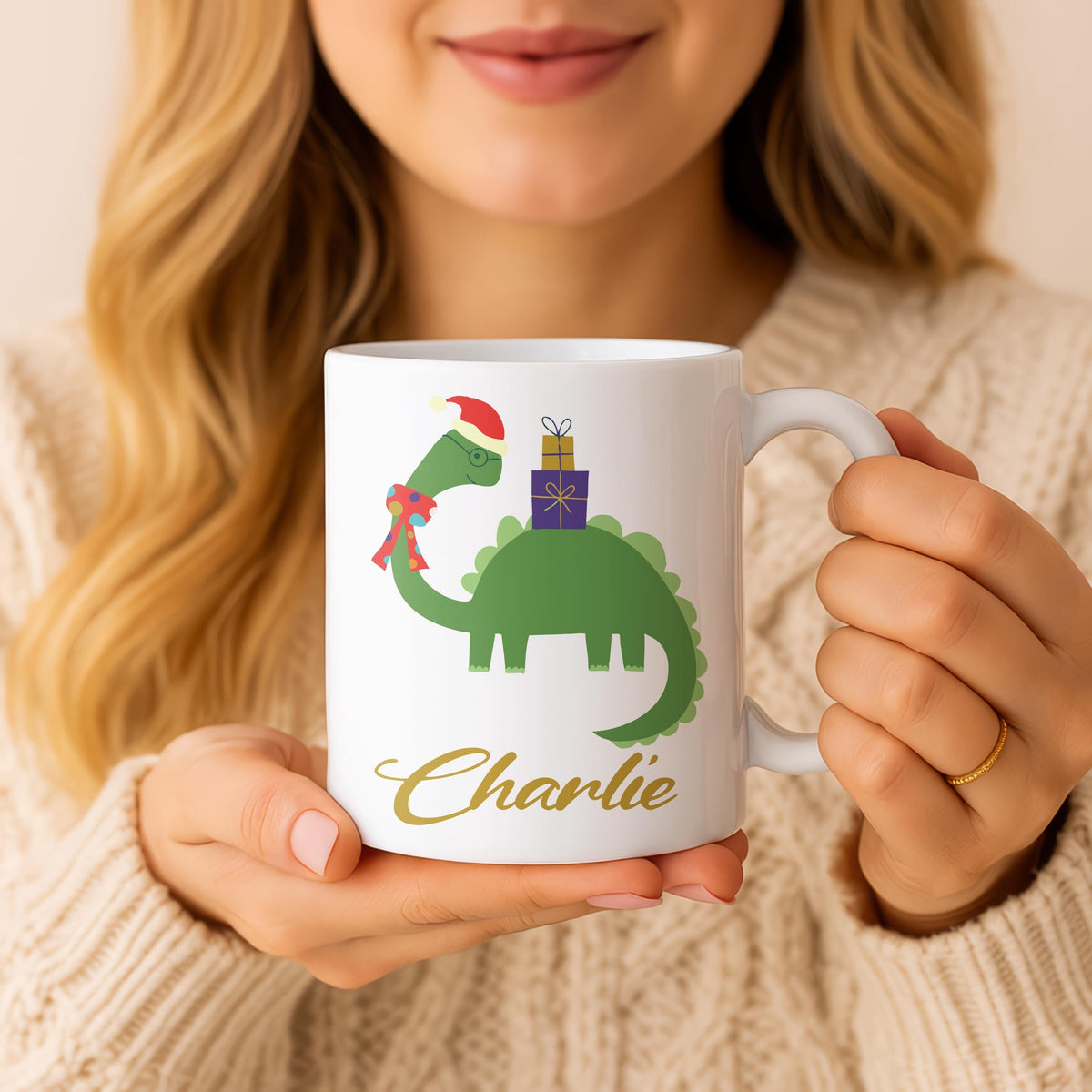 Personalized Christmas Dinosaur Mug, Custom Name Ceramic Cup, Ceramic Mug