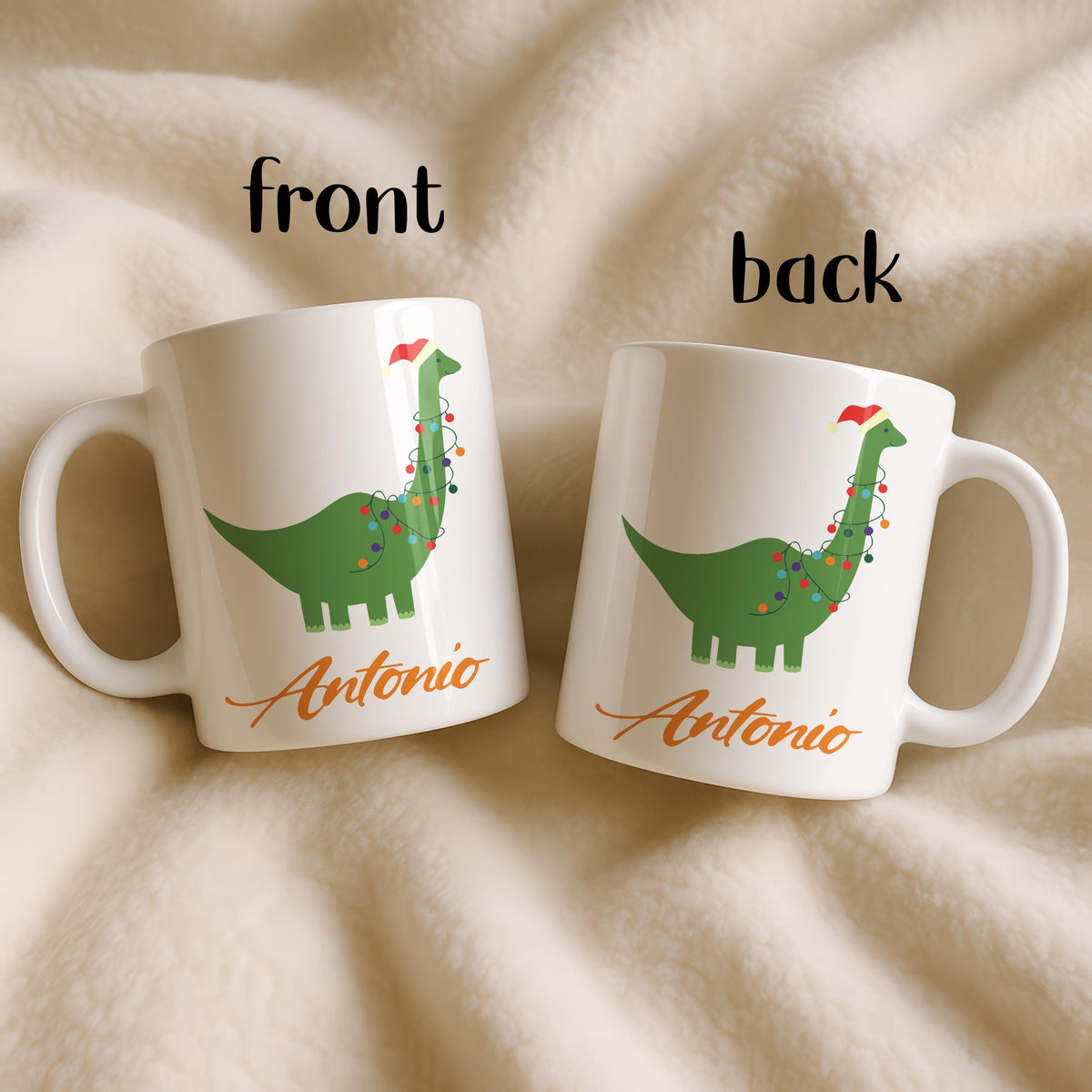 Personalized Christmas Dinosaur Mug, Custom Name Ceramic Cup, Ceramic Mug