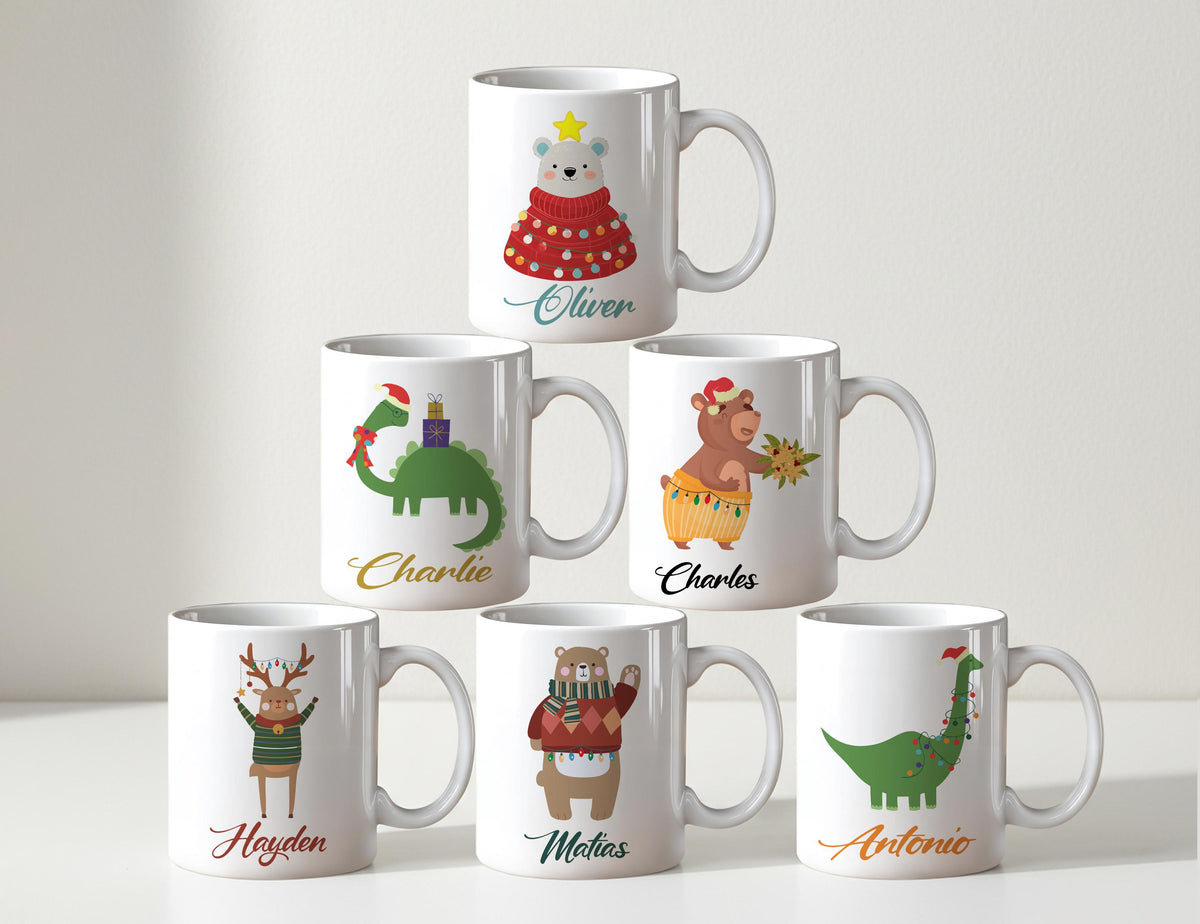Personalized Christmas Dinosaur Mug, Custom Name Ceramic Cup, Ceramic Mug