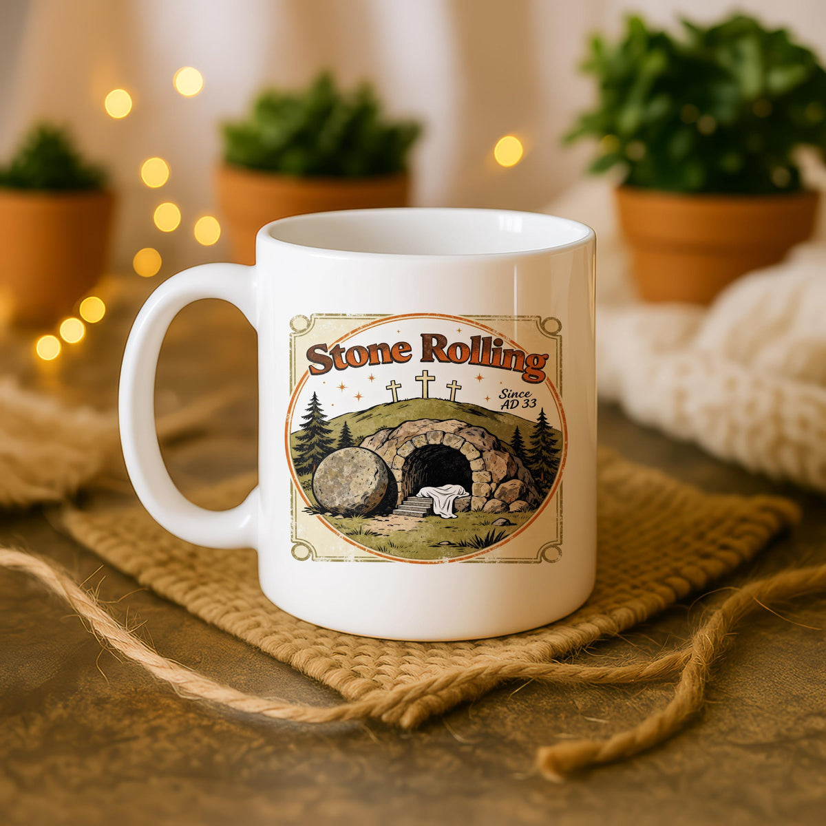Stone Rolling Since AD 33 Empty Tomb Easter Mug, Christian Coffee Cup