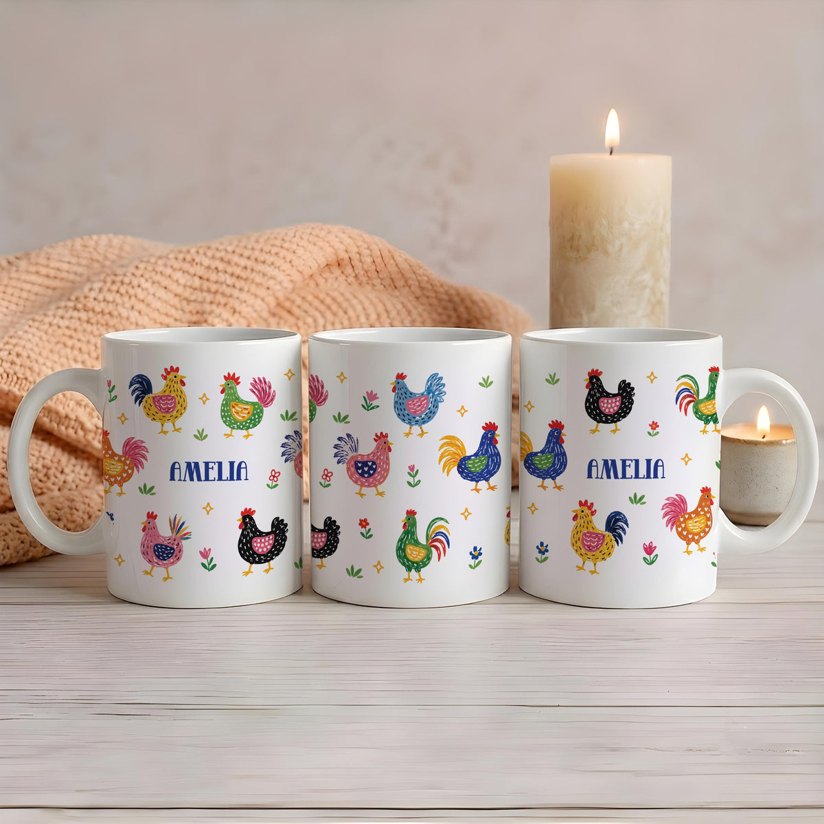 Personalized Chicken Mug, Custom Name Farm Girl Coffee Cup, Country Style Chicken Farmer Gifts