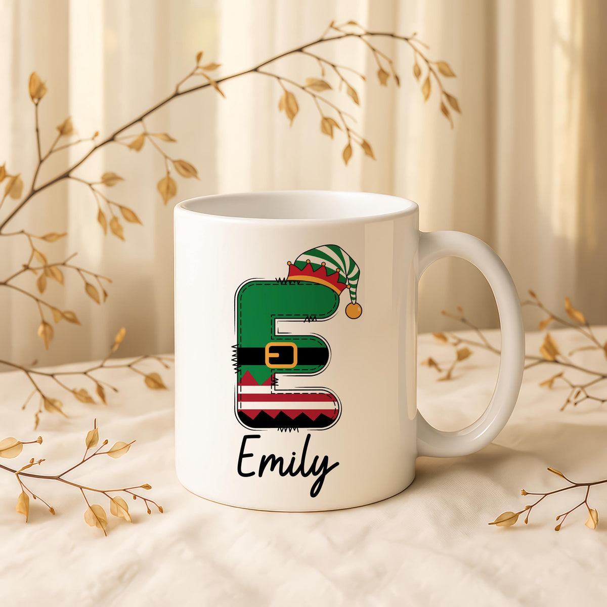 Personalized Elf Initial Coffee Mug, Custom Name Ceramic Cup, Xmas Gift