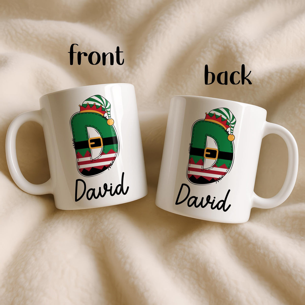 Personalized Elf Initial Coffee Mug, Custom Name Ceramic Cup, Xmas Gift