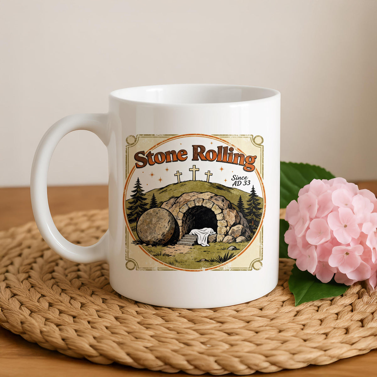 Stone Rolling Since AD 33 Empty Tomb Easter Mug, Christian Coffee Cup