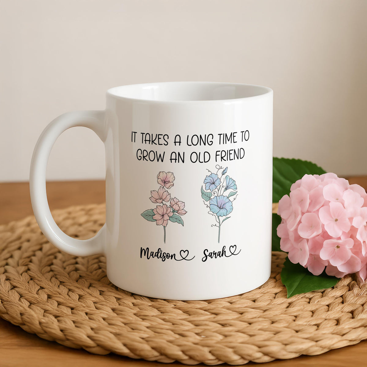 Personalized Friendship Mug, Custom Floral Birth Month Flower Cup