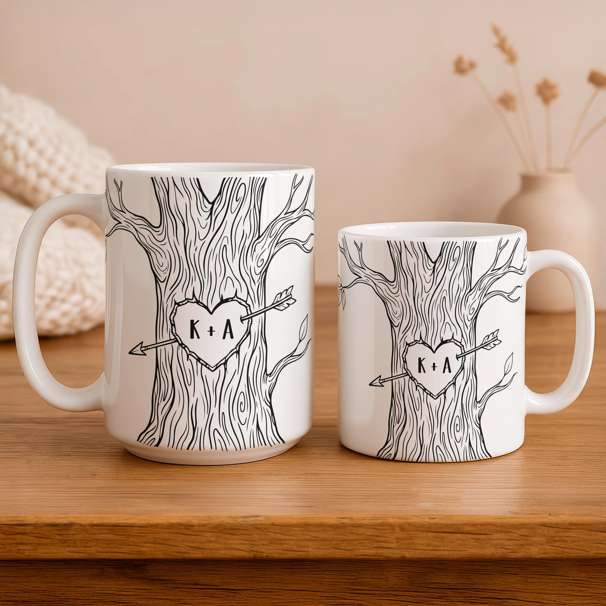 Personalized Tree Heart Initials Mug, Romantic Couple Coffee Cup