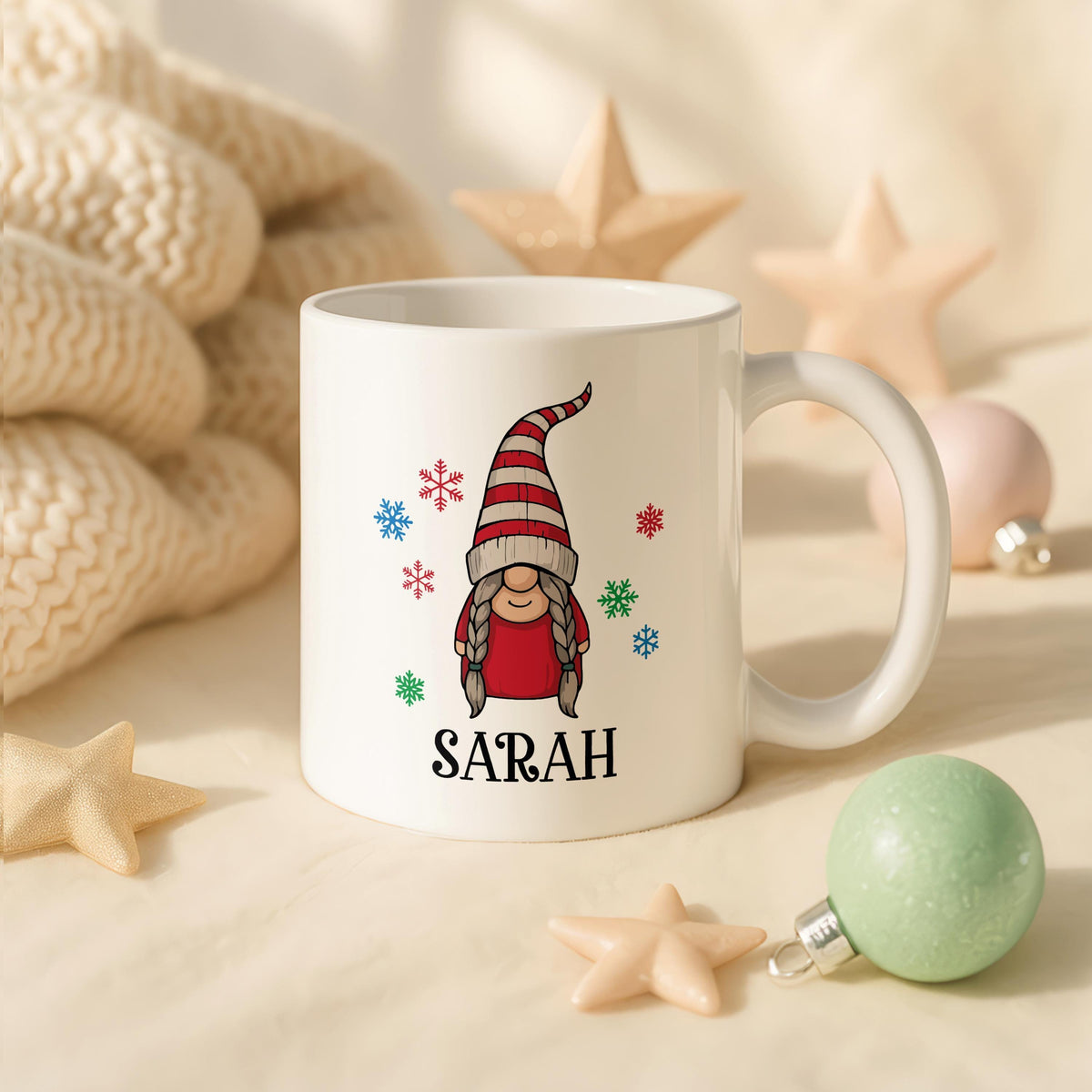 Personalized Gnome Christmas Mug, Custom Ceramic Coffee Cup, Xmas Gift for Friends