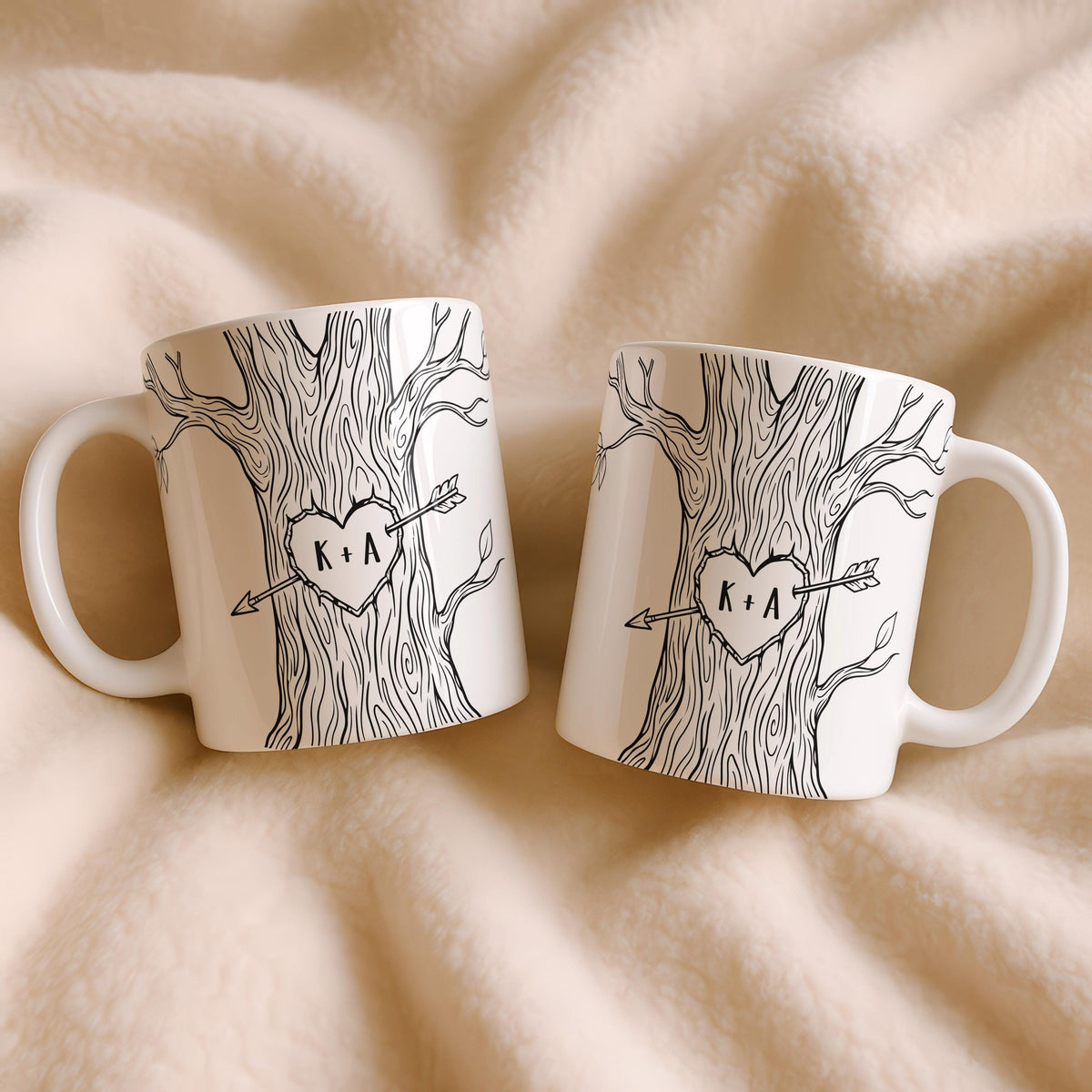 Personalized Tree Heart Initials Mug, Romantic Couple Coffee Cup