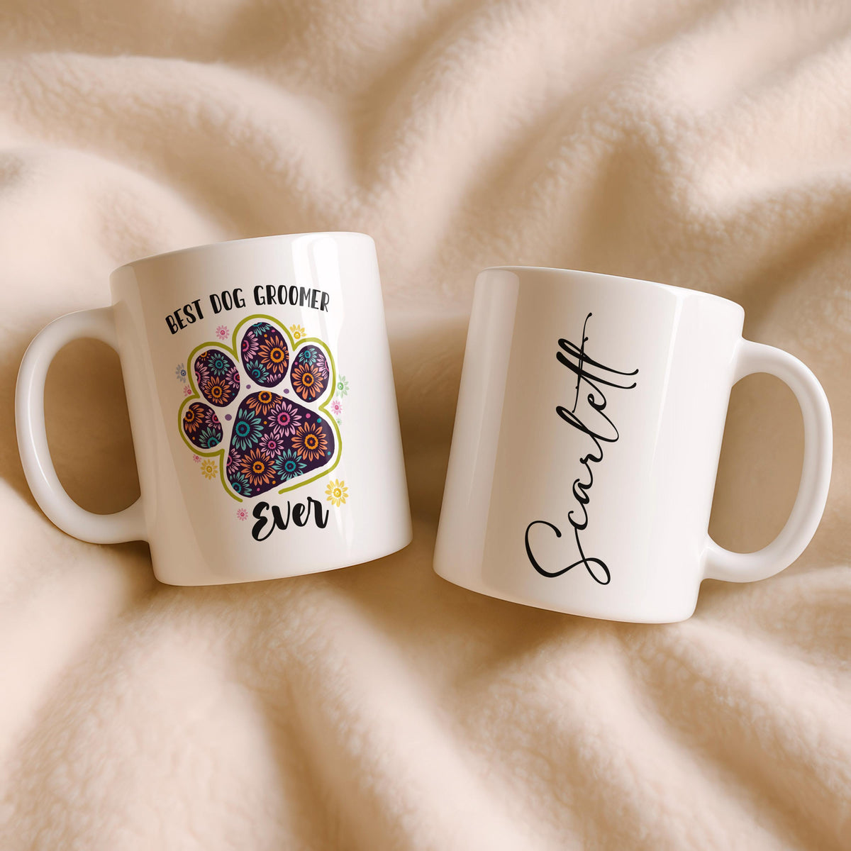 Personalized Dog Groomer Floral Paw Print Mug, Custom Ceramic Coffee Cup