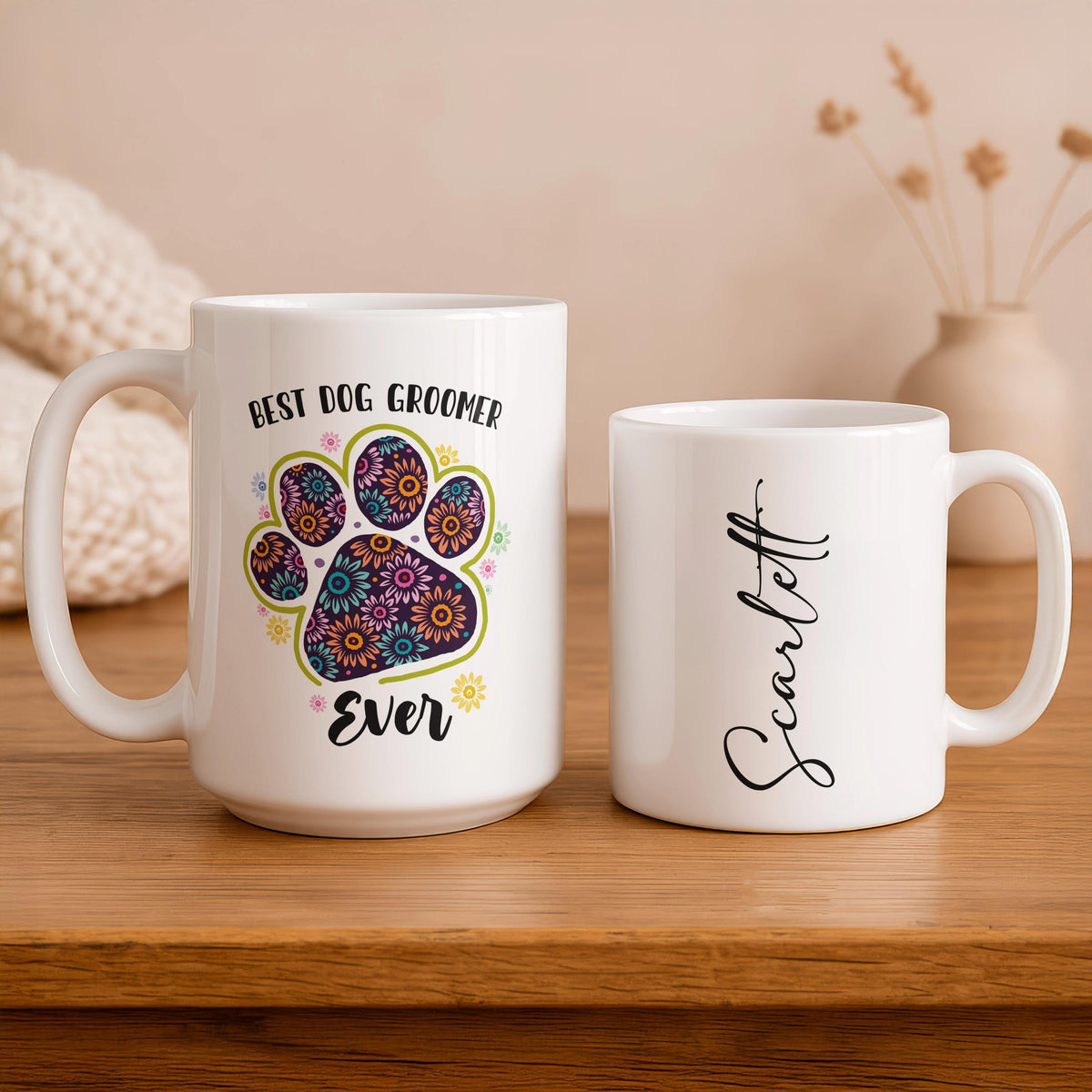 Personalized Dog Groomer Floral Paw Print Mug, Custom Ceramic Coffee Cup