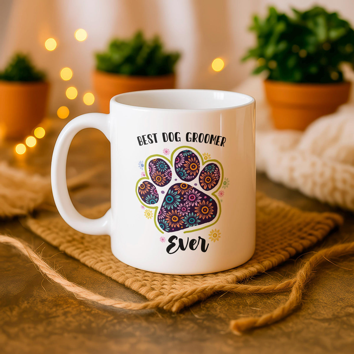 Personalized Dog Groomer Floral Paw Print Mug, Custom Ceramic Coffee Cup