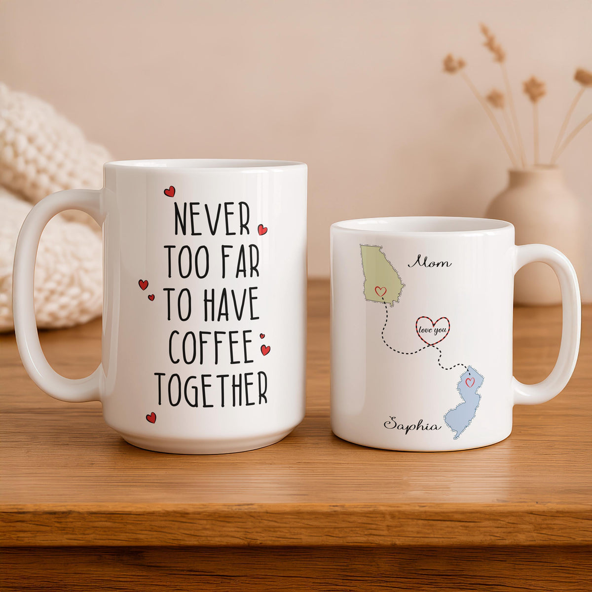 Never Too Far Custom State Map Mug, Personalized Coffee Cup, Family Tea Gift