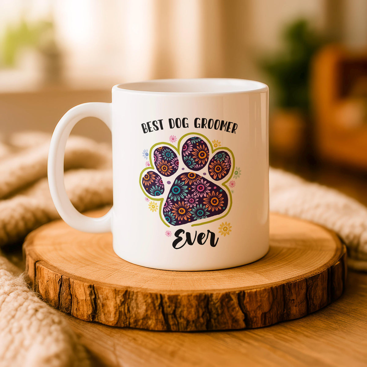 Personalized Dog Groomer Floral Paw Print Mug, Custom Ceramic Coffee Cup