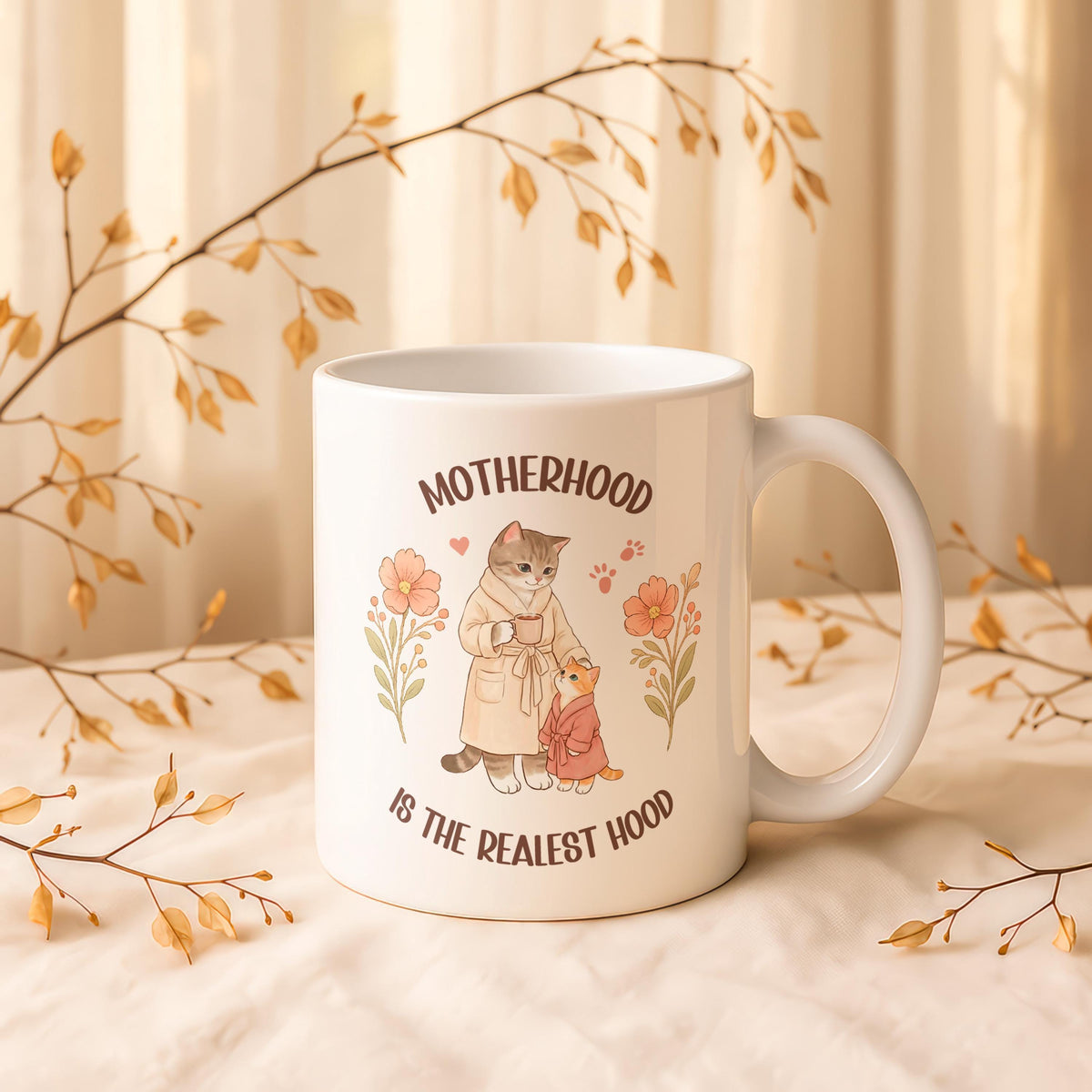 Motherhood Cat Mom Ceramic Mug, Funny Coffee Cup Gift for Mom