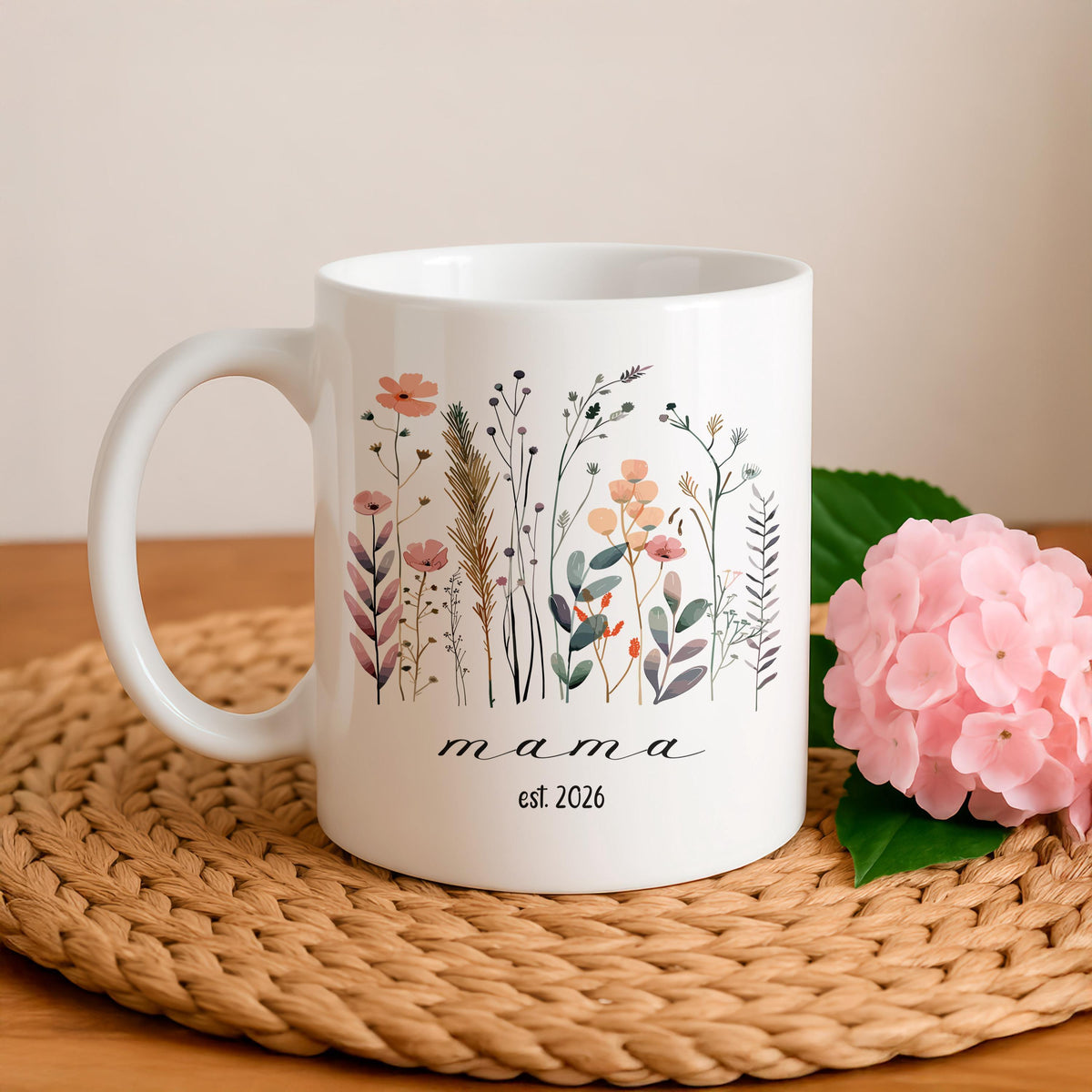Personalized Floral Mama Mug, Custom Wildflower Coffee Cup, New Mom Keepsake