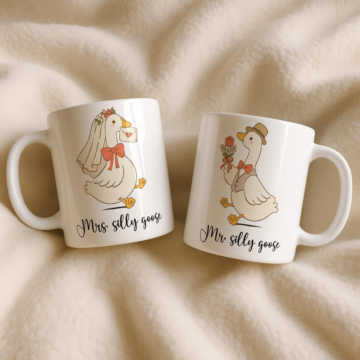 Personalized Mr and Mrs Goose Ceramic Mugs, Wedding Gift for Couple