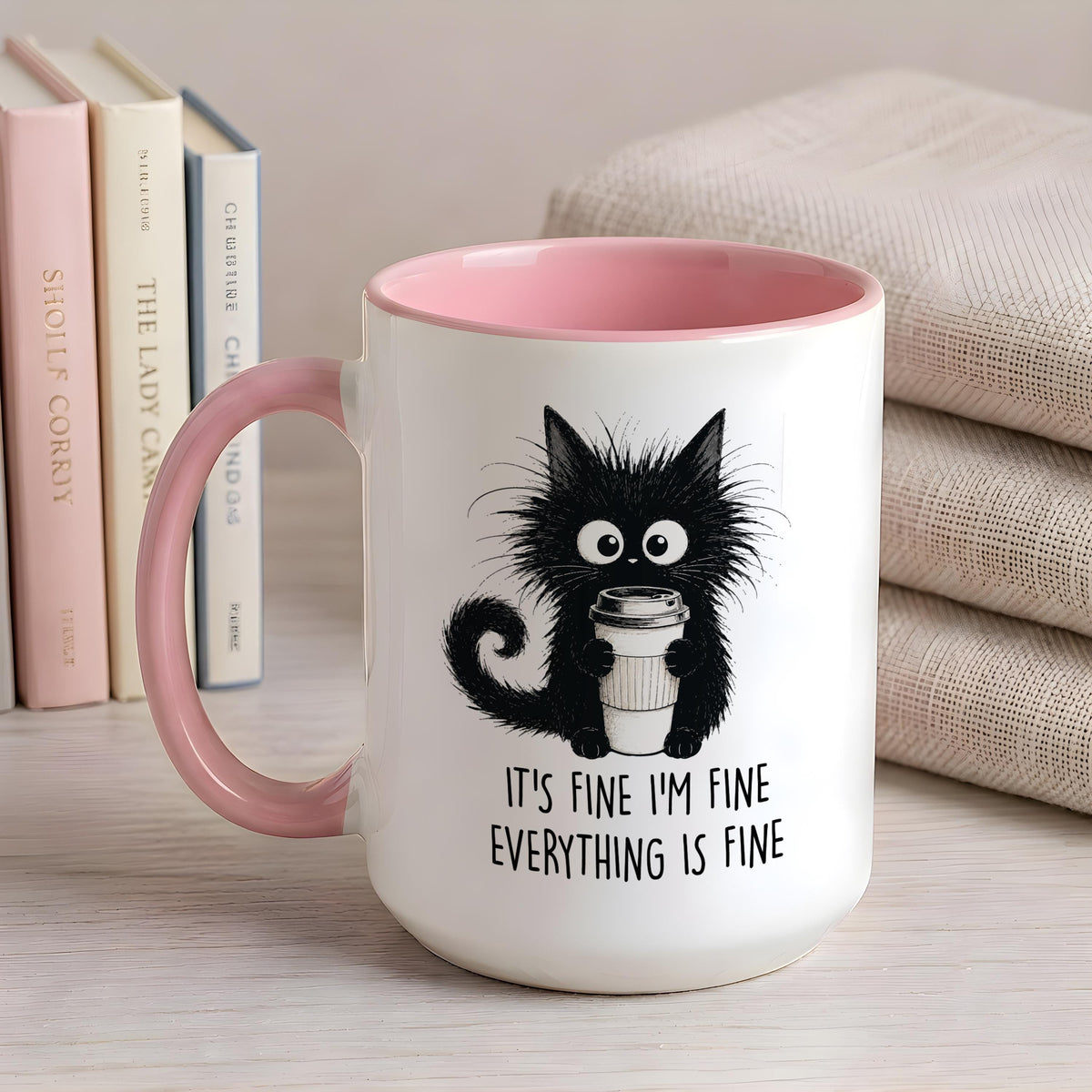 Black Cat Coffee Mug, Sarcastic "Everything is Fine" Quote Cup