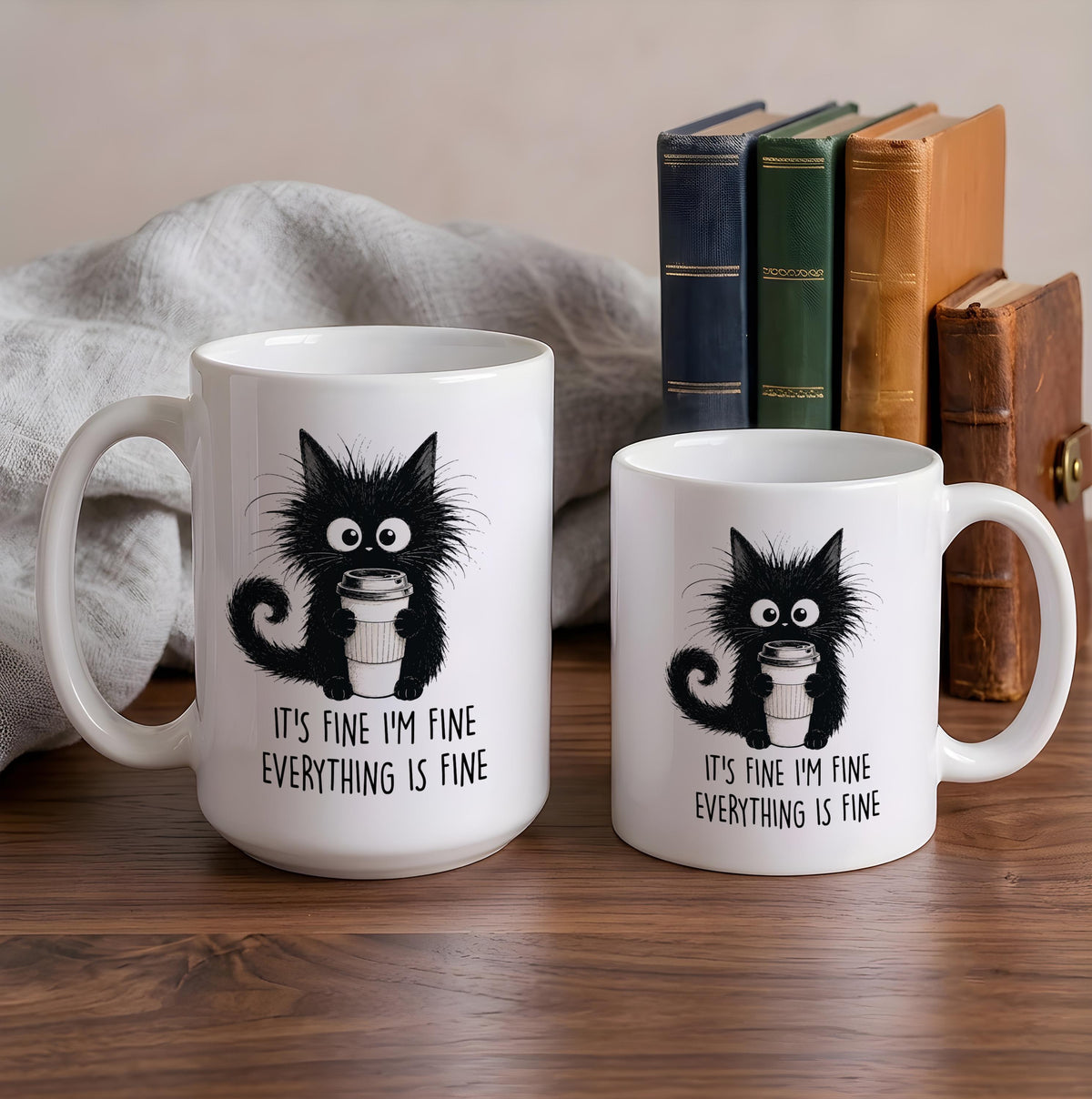 Black Cat Coffee Mug, Sarcastic "Everything is Fine" Quote Cup
