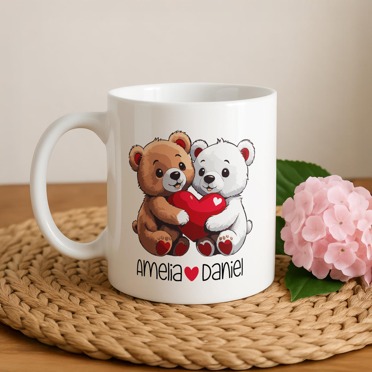 Personalized Teddy Bear Mug, Custom Couple Names, Romantic Gift
