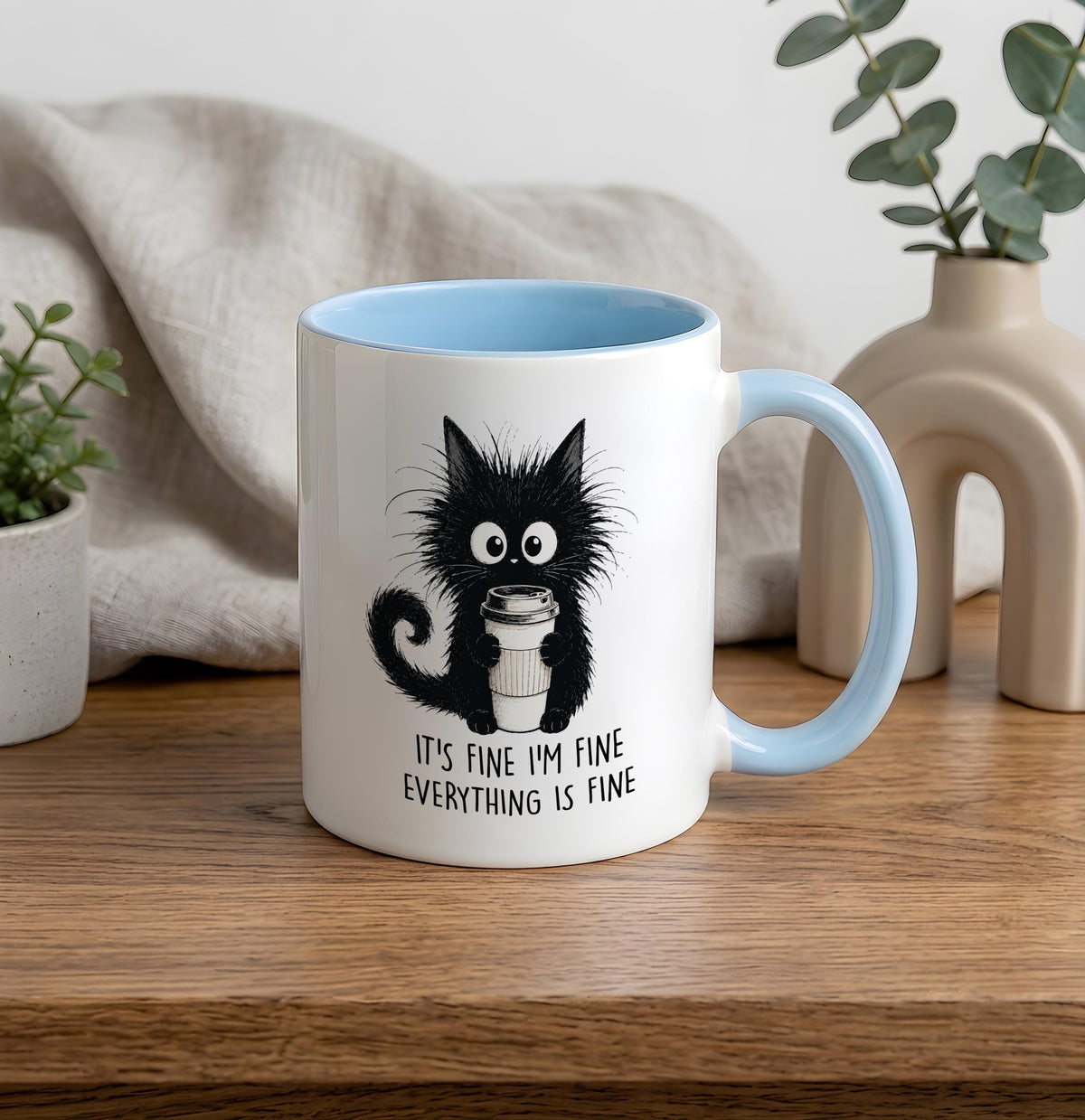 Black Cat Coffee Mug, Sarcastic "Everything is Fine" Quote Cup
