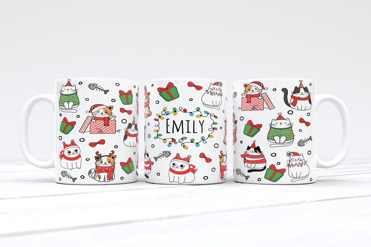 Personalized Cat Christmas Mug, Custom Name Coffee Cup, Holiday Kitty Pottery
