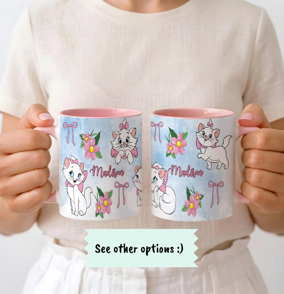 Personalized Cat Mug, Custom Name Ceramic Coffee Cup, Pink Bow Flowers Design Tea Mug