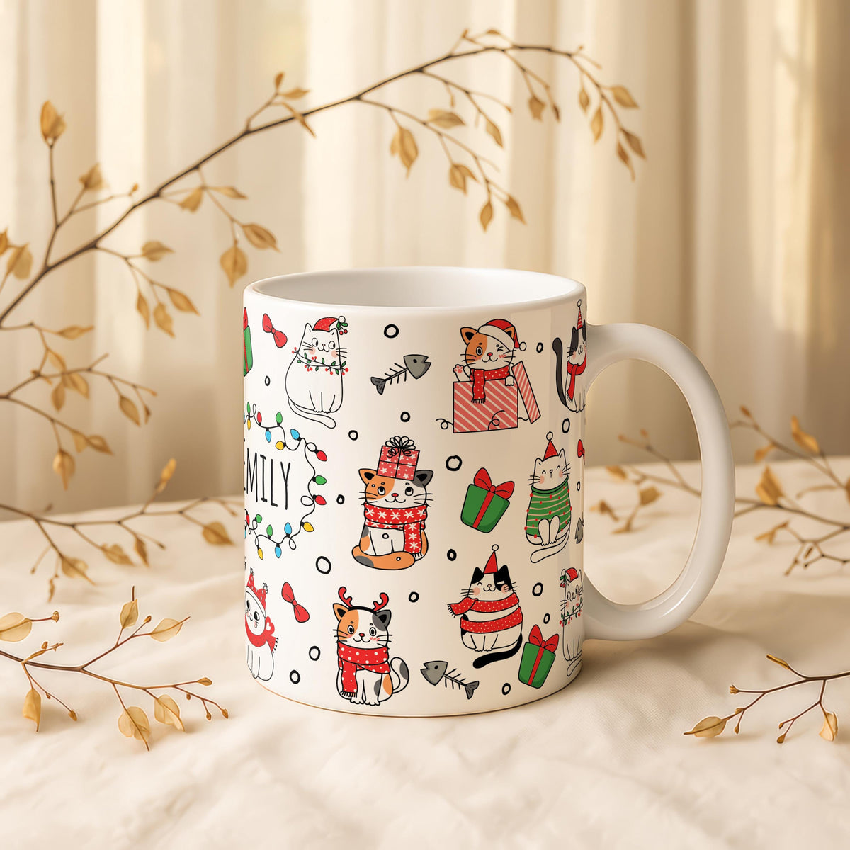 Personalized Cat Christmas Mug, Custom Name Coffee Cup, Holiday Kitty Pottery