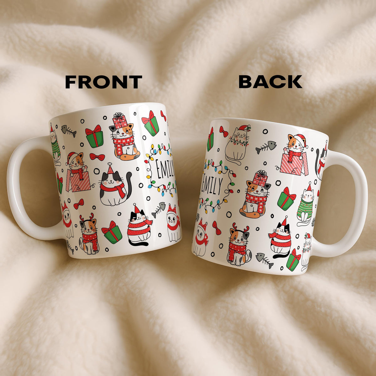 Personalized Cat Christmas Mug, Custom Name Coffee Cup, Holiday Kitty Pottery