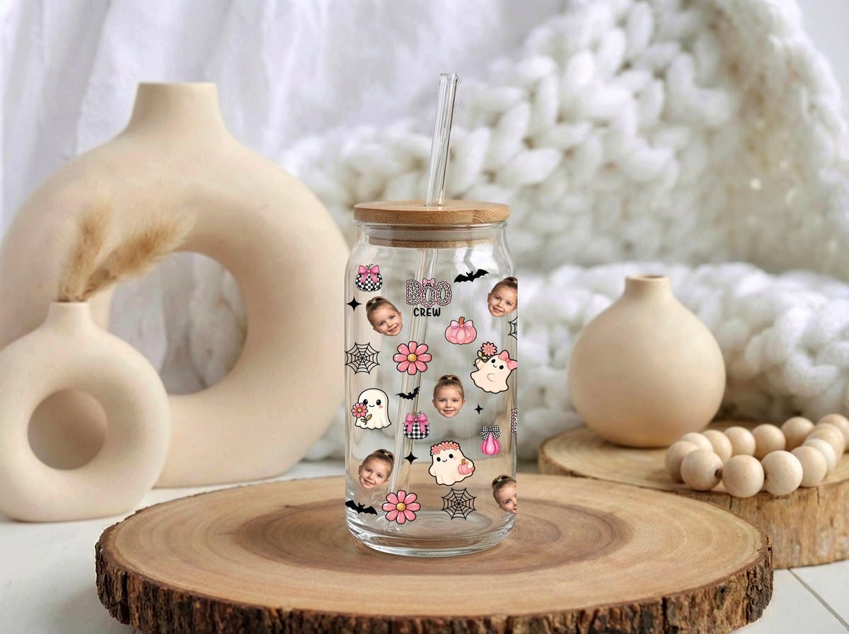 Personalized Photo Boo Crew Glass Tumbler, Custom Halloween Ghosts Kids Cup