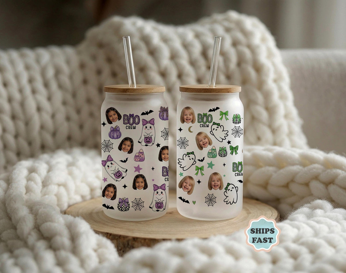 Personalized Photo Boo Crew Glass Tumbler, Custom Halloween Ghosts Kids Cup